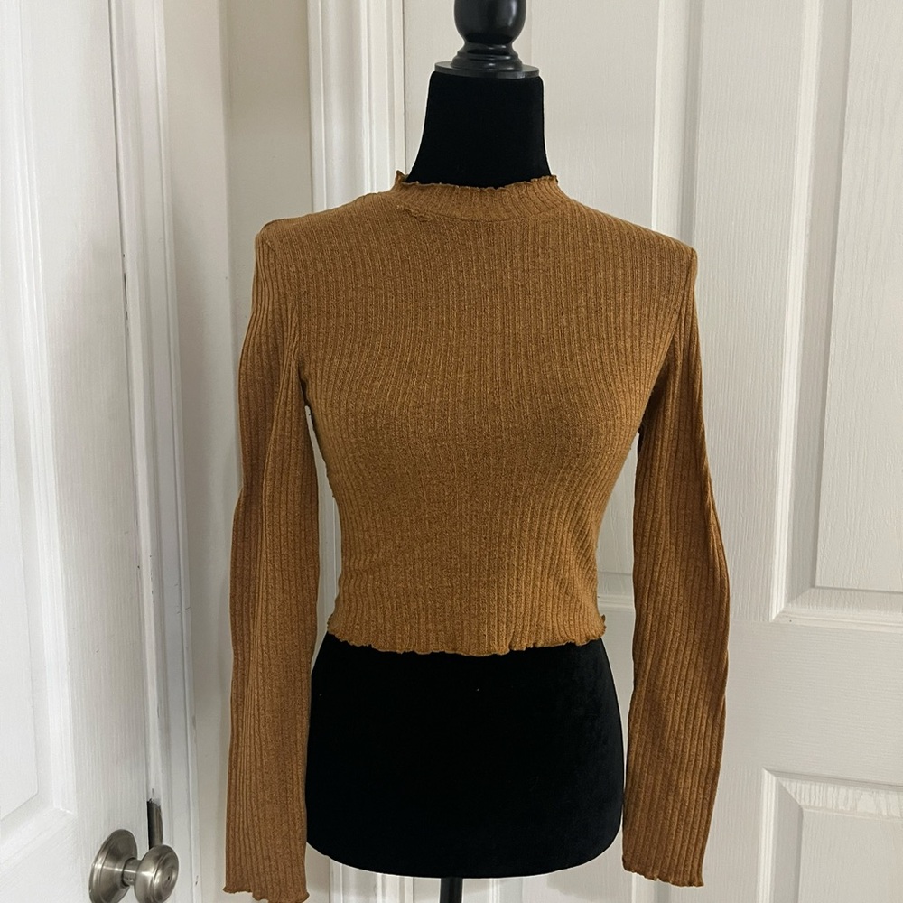 SHEIN Ribbed Long Sleeve Mock Neck Top in Camel Brown